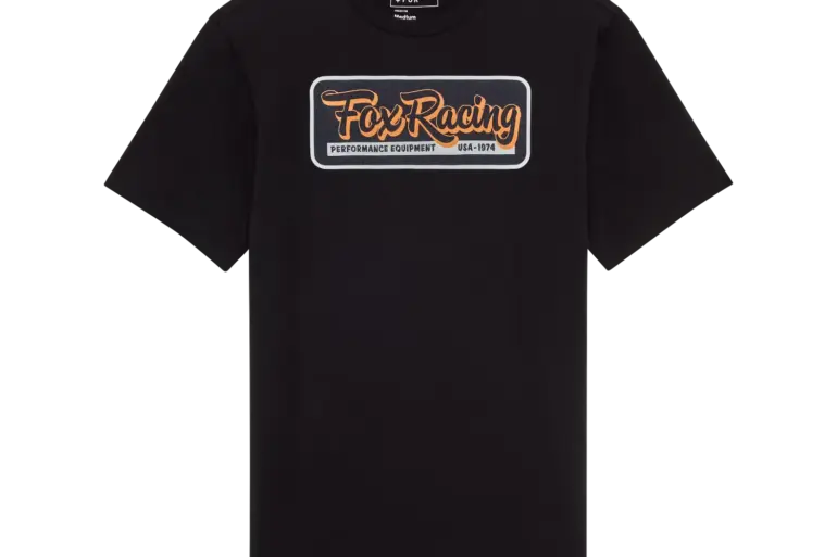 Schwarzes Fox Racing T-Shirt mit orangefarbener Grafik auf der Vorderseite