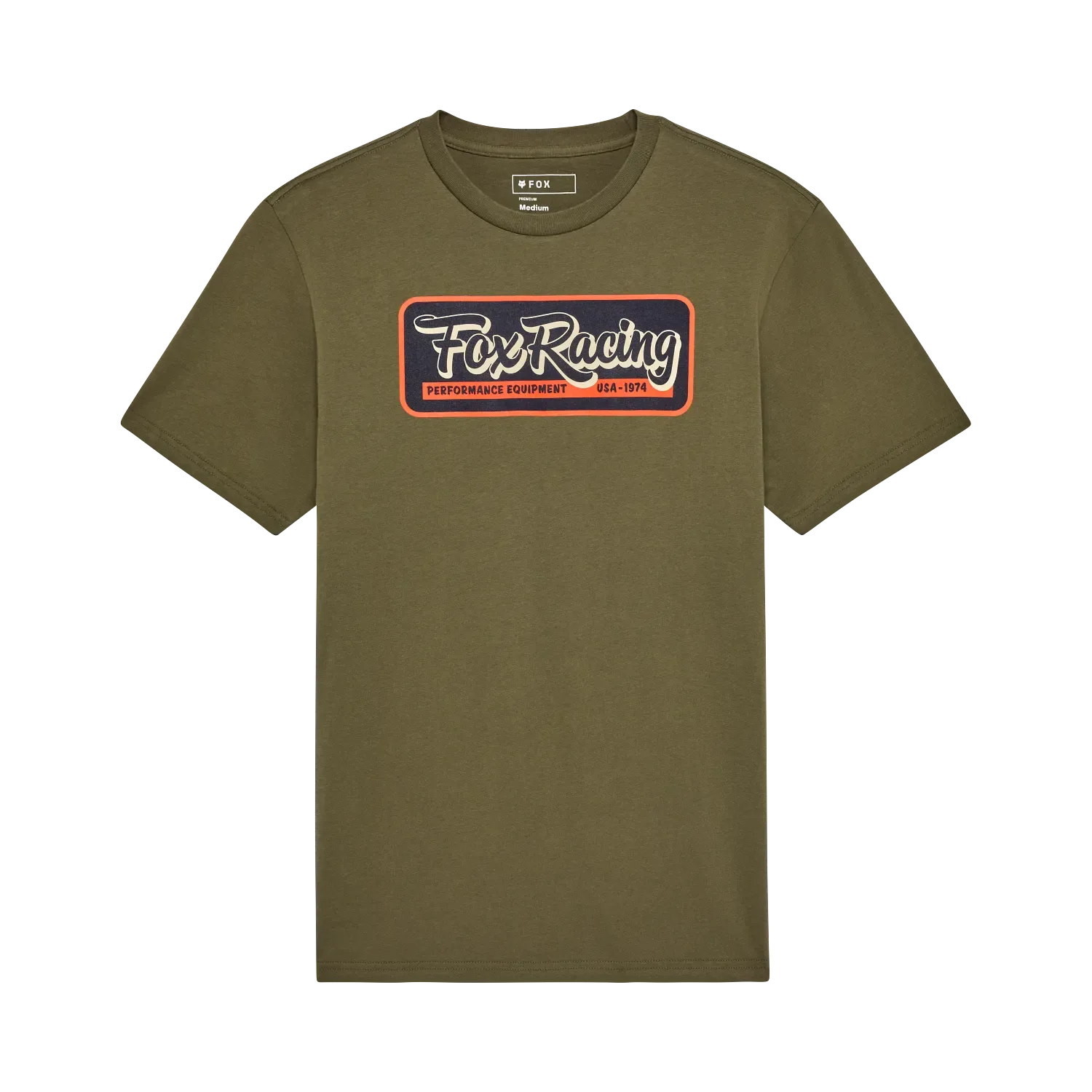 Olivgrünes Fox Racing T-Shirt mit großem Logo auf der Brust, Produktfoto vor schwarzem Hintergrund.