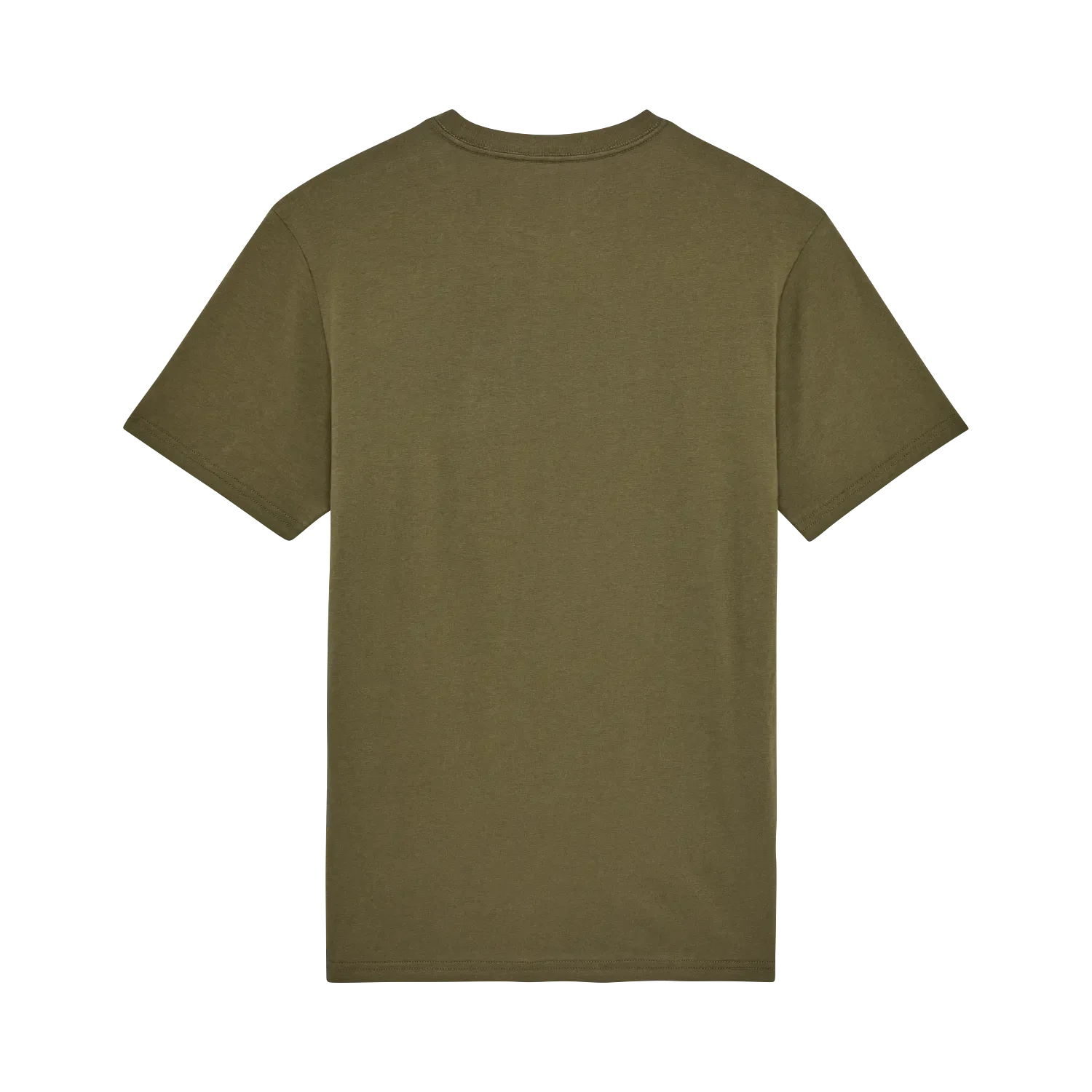 Rückseite eines einfarbigen olivgrünen T-Shirts aus Baumwolle