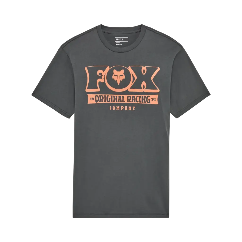 Fox Banner Premium Tee mit orangefarbenem Siebdruck-Logo auf grauem T-Shirt