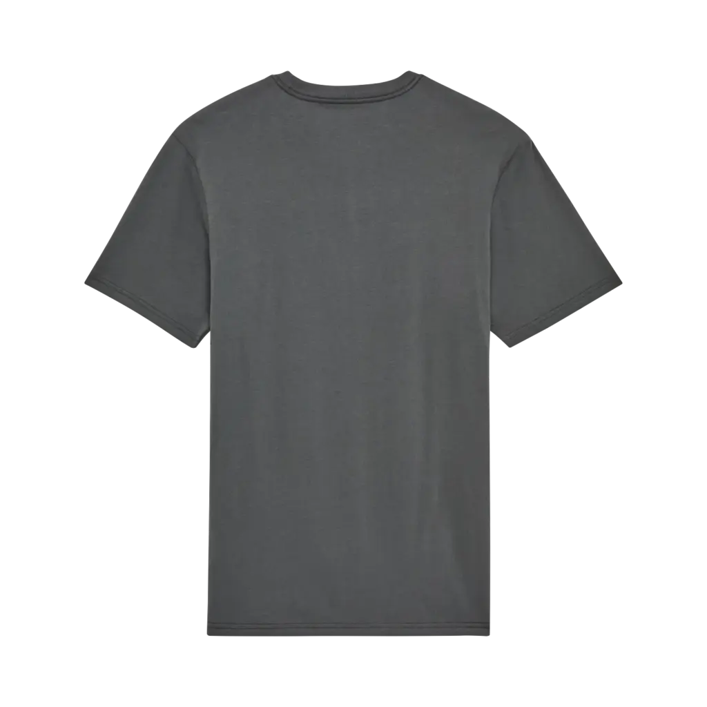 Rückseite eines dunkelgrauen T-Shirts ohne Aufdruck