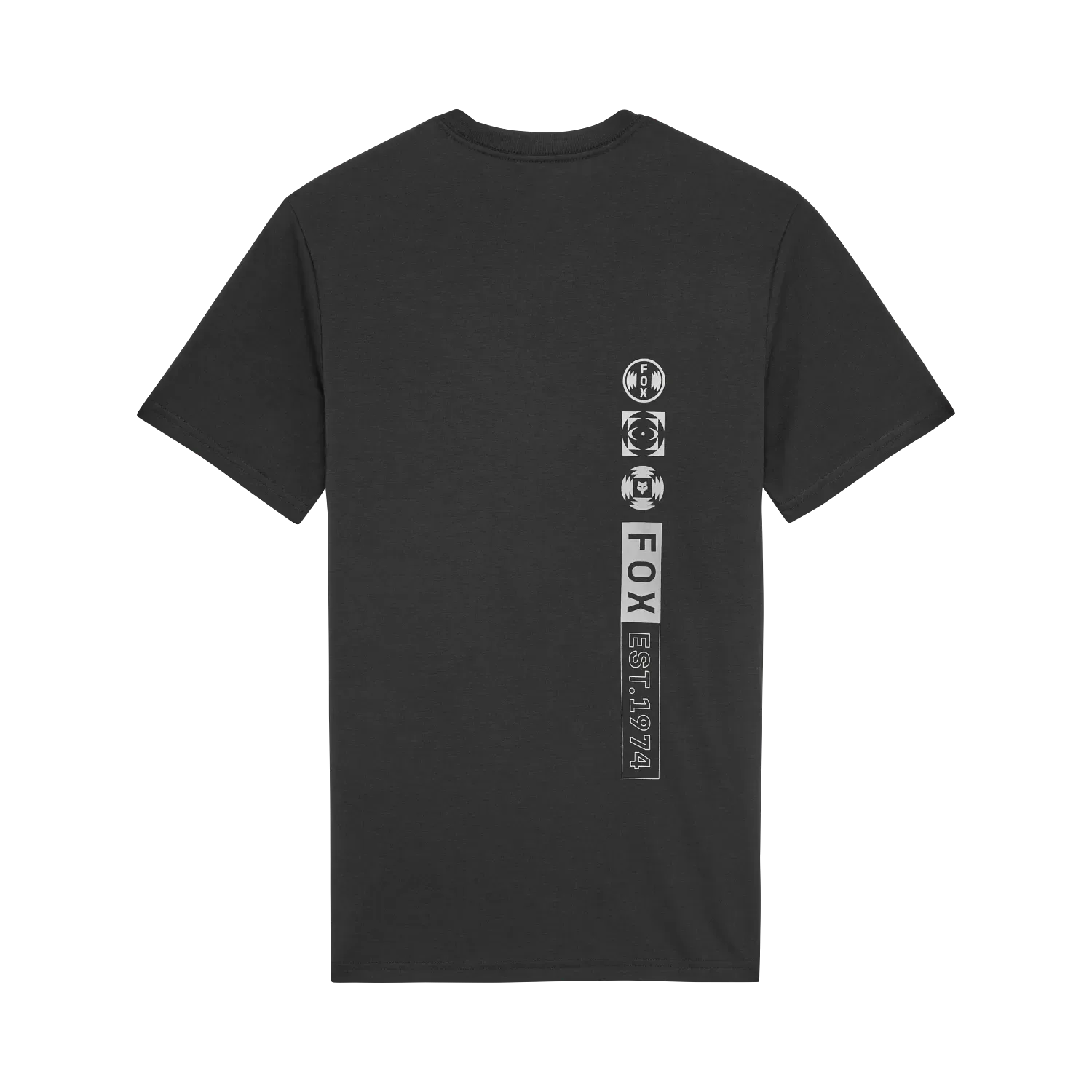 Schwarzes Fox Blur Tech Tee mit vertikaler Grafik und Schriftzug auf dem Rücken.