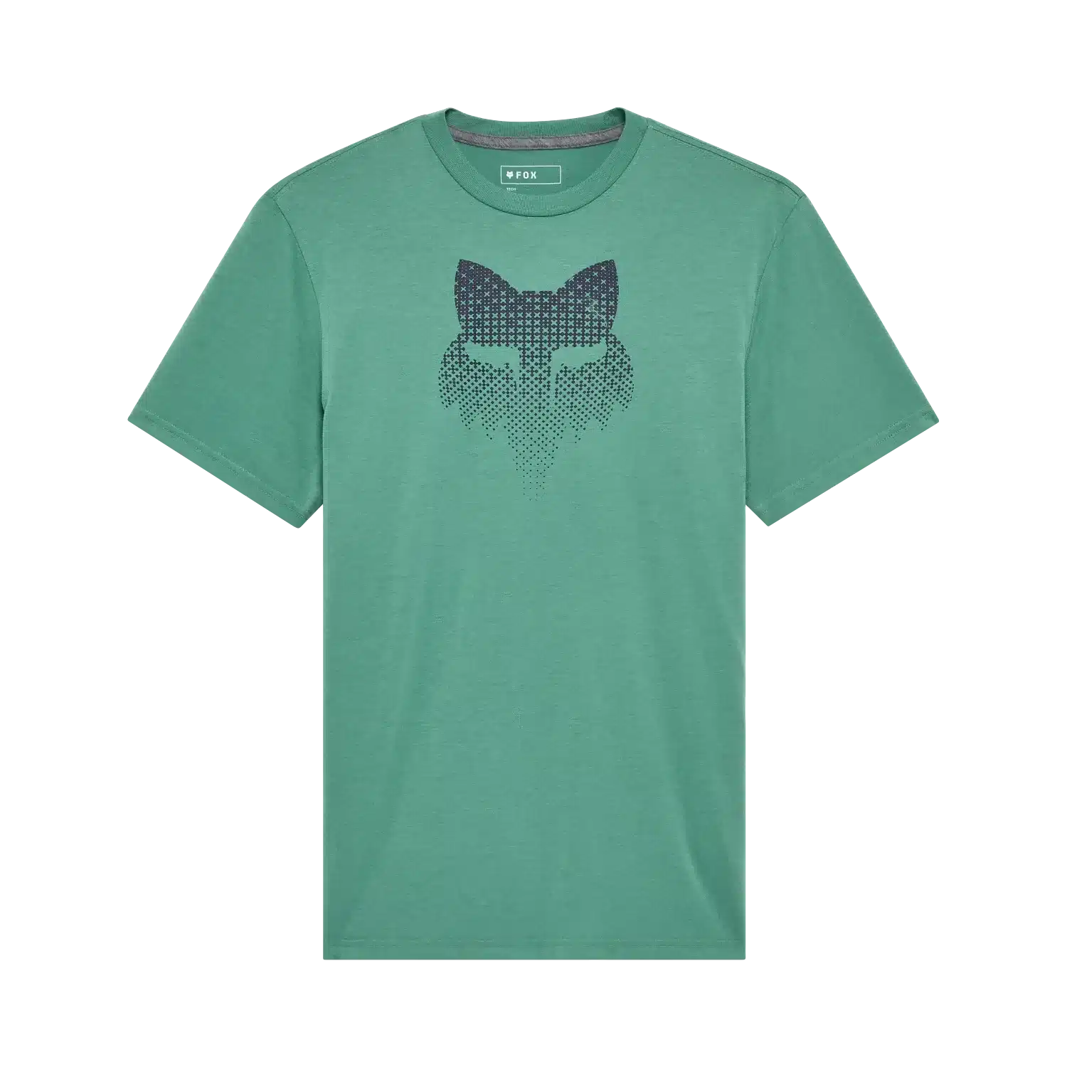 Grünes T-Shirt mit dunkelblauem Fuchs-Logo auf der Brust