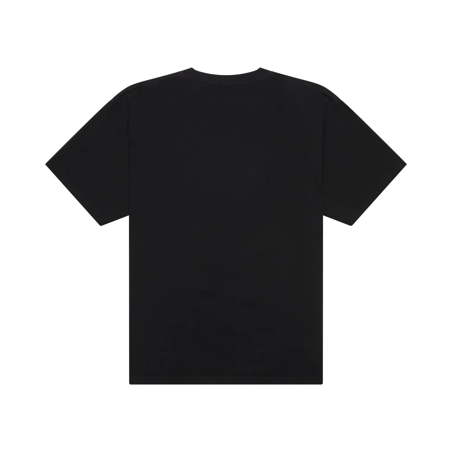 Rückseite eines schwarzen T-Shirts ohne sichtbare Grafik oder Aufdruck