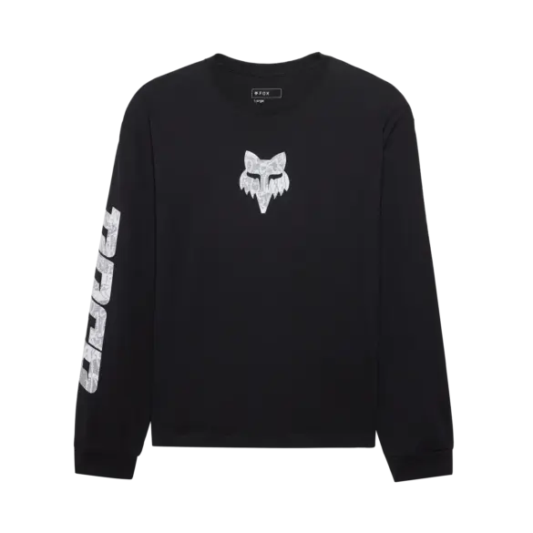 Schwarzes DNGR Oversized Longsleeve mit weißem Fox-Kopf-Logo auf der Brust und grafischem Print am linken Ärmel