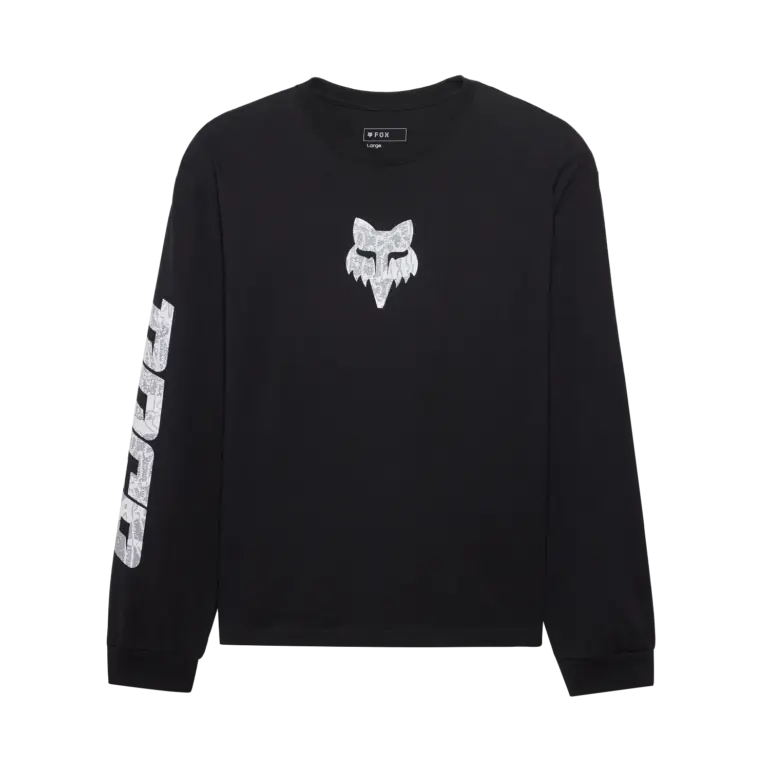Schwarzes DNGR Oversized Longsleeve mit weißem Fox-Kopf-Logo auf der Brust und grafischem Print am linken Ärmel