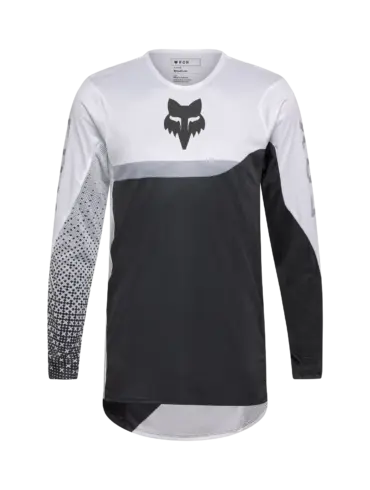 Motocross-Jersey Fox Flexair Fracture in Schwarz-Weiß mit dynamischem Grafikdesign und Fox-Logo auf der Brust