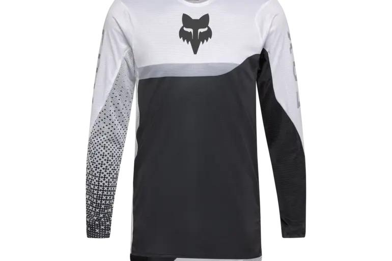 Motocross-Jersey Fox Flexair Fracture in Schwarz-Weiß mit dynamischem Grafikdesign und Fox-Logo auf der Brust