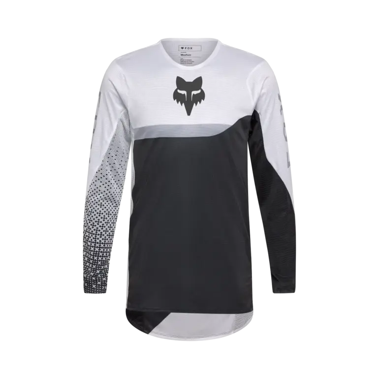 Motocross-Jersey Fox Flexair Fracture in Schwarz-Weiß mit dynamischem Grafikdesign und Fox-Logo auf der Brust