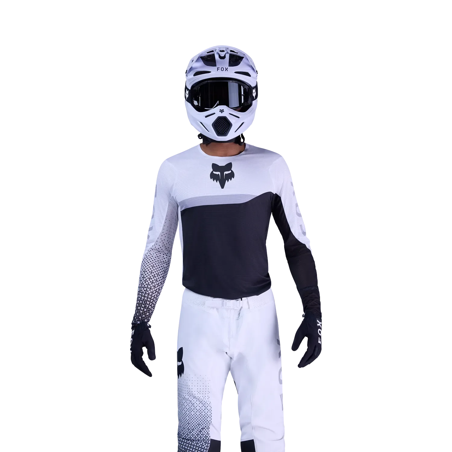 Motocross-Fahrer in weiß-schwarzem Flexair Fracture Jersey mit Helm und Hose