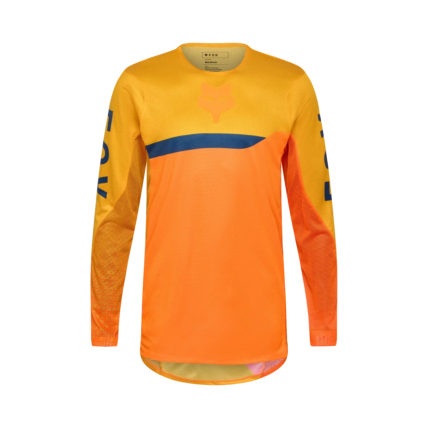 Flexair Fracture Jersey in Orange mit blauem Detail und langen Ärmeln, frontal freigestellt.
