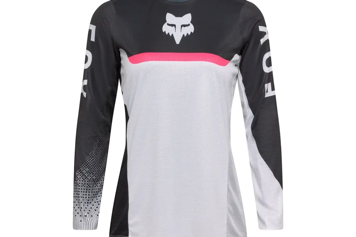 Flexair Fracture Motocross-Trikot für Damen in Schwarz-Weiß mit pinkem Akzent, von Fox Racing.