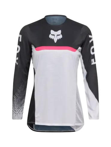 Flexair Fracture Motocross-Trikot für Damen in Schwarz-Weiß mit pinkem Akzent, von Fox Racing.