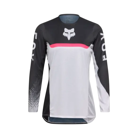 Flexair Fracture Motocross-Trikot für Damen in Schwarz-Weiß mit pinkem Akzent, von Fox Racing.