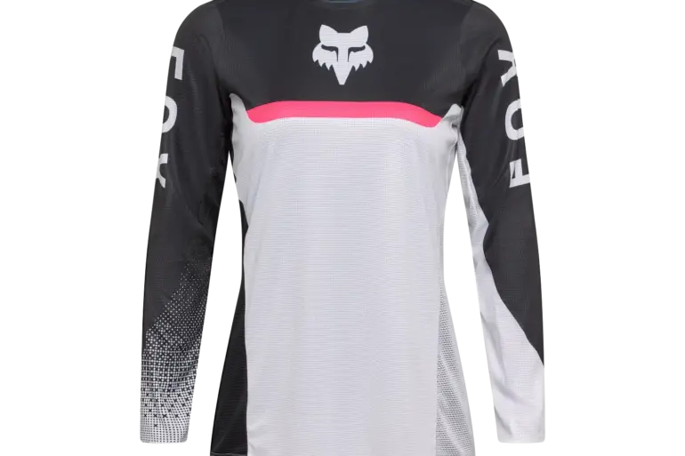 Flexair Fracture Motocross-Trikot für Damen in Schwarz-Weiß mit pinkem Akzent, von Fox Racing.