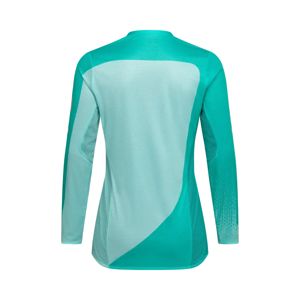 Rückansicht eines türkisen, langärmligen Flexair Fracture Motocross-Trikots für Damen aus leichtem TruDri® Material