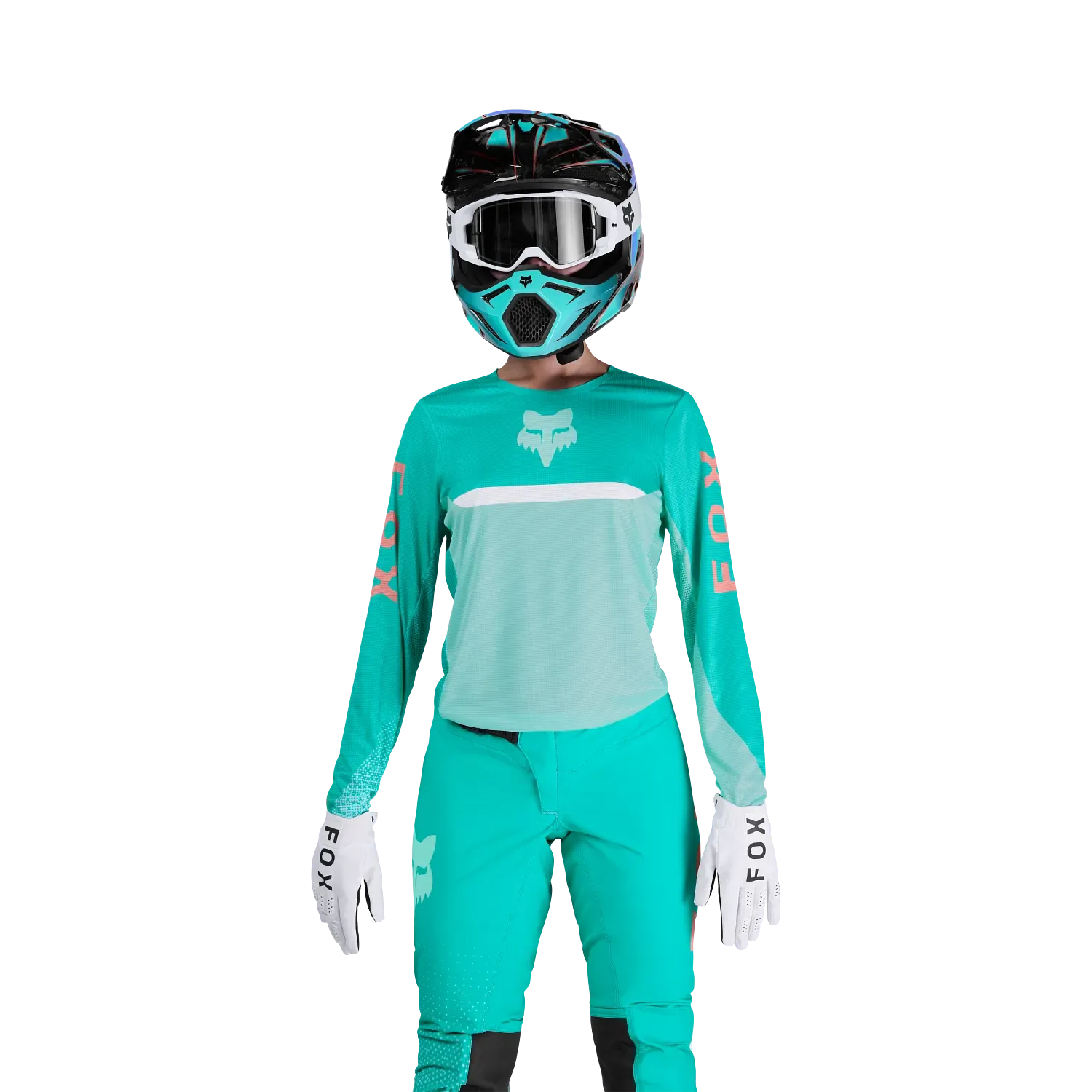 Motocross-Fahrerin mit Flexair Fracture Jersey und kompletter Schutzausrüstung in Türkis