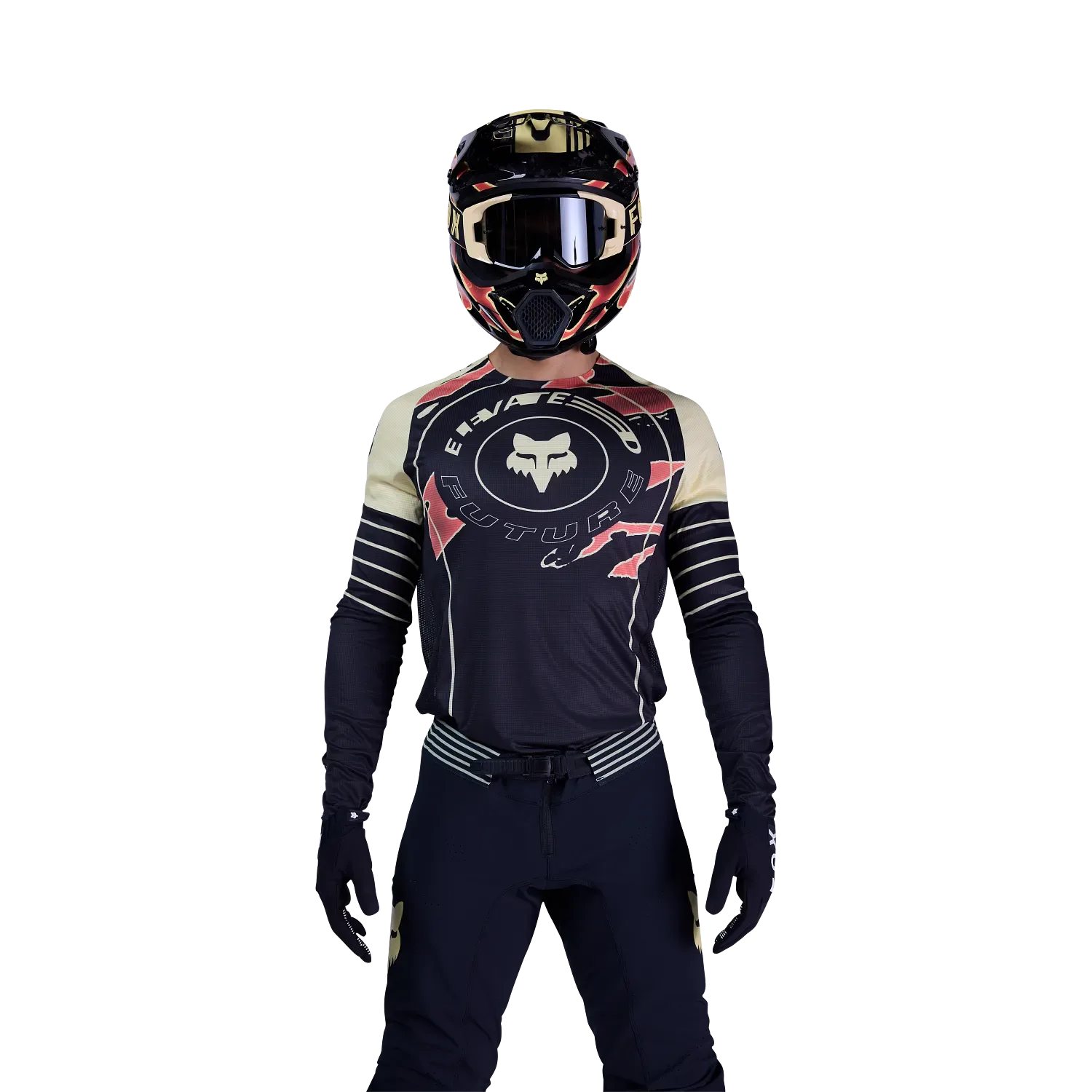 Motocross-Fahrer mit Flexair Inning Jersey von Fox Racing, Helm und Handschuhen auf schwarzem Hintergrund