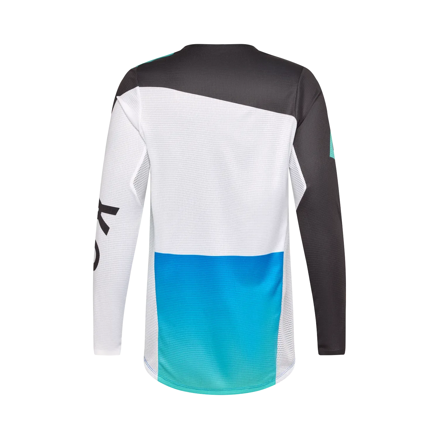 Rückansicht eines Flexair Spire Jersey für Kinder in Weiß, Blau und Schwarz mit langen Ärmeln.
