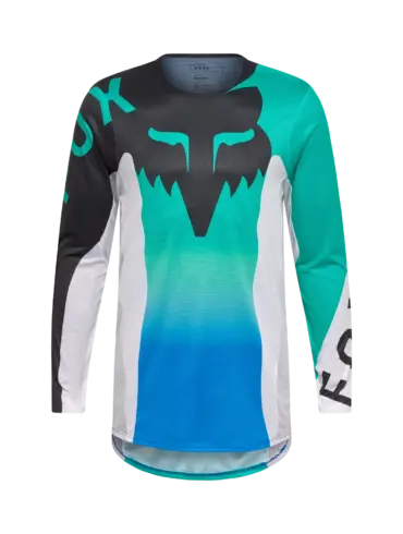 Motocross-Trikot Flexair Spire Jersey in Aqua Blau mit großem Fox-Logo und langen Ärmeln, Frontansicht