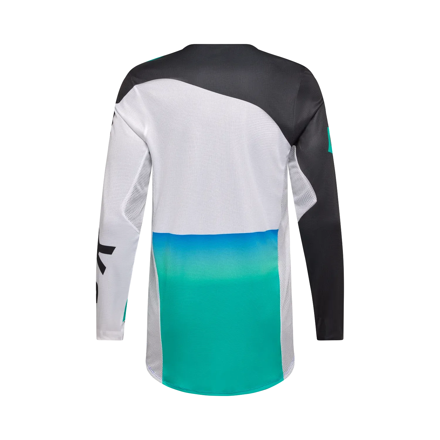 Flexair Spire Jersey von Fox Racing, Rückansicht, langarm, in Aqua Blau und Schwarz gehalten.
