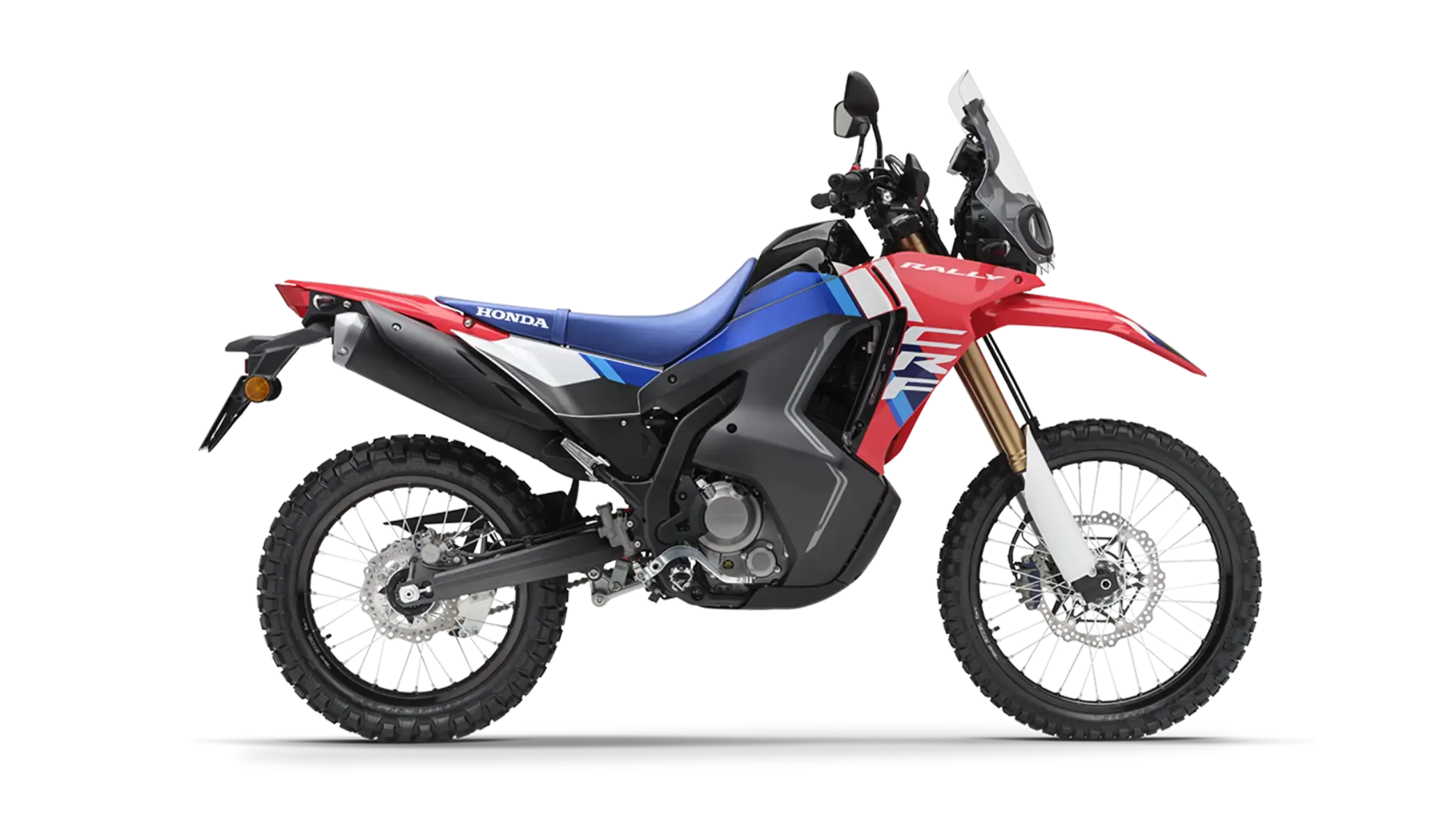 Seitenansicht einer Honda CRF300 Rally Enduro-Motorrad in Rot-Blau auf schwarzem Hintergrund.