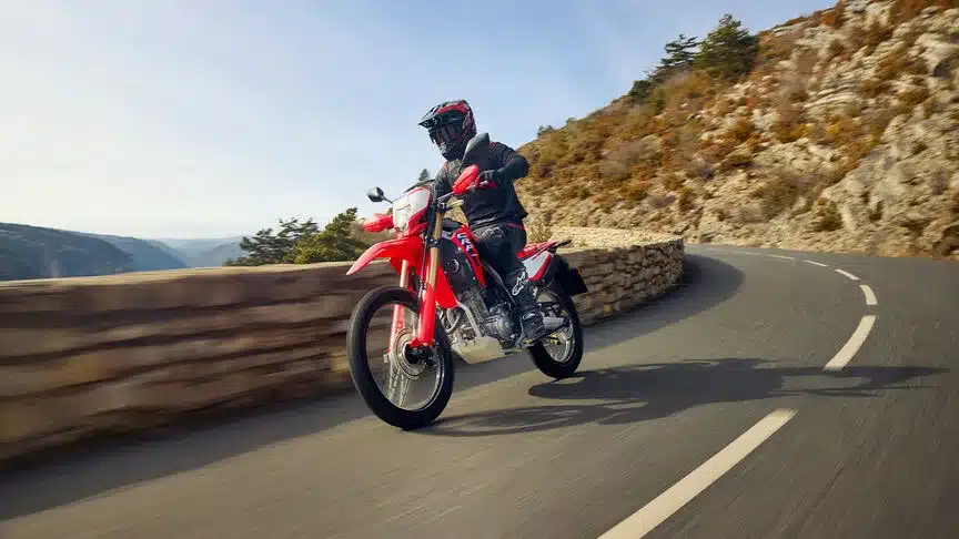 Honda CRF300L Enduro-Motorrad in Fahrt auf einer Landstraße in bergiger Umgebung.