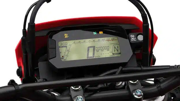 Digitale Instrumenteneinheit der Honda CRF300L mit Geschwindigkeit, Ganganzeige und Kontrollleuchten.