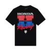 Schwarzes Honda Oversized T‑Shirt mit rotem und blauem Grafikdruck und weißem Racing-Schriftzug vorne.