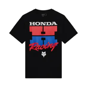 Schwarzes Honda Oversized T‑Shirt mit rotem und blauem Grafikdruck und weißem Racing-Schriftzug vorne.