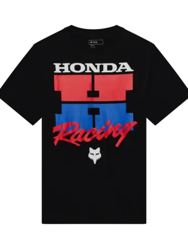 Schwarzes Honda Oversized T‑Shirt mit rotem und blauem Grafikdruck und weißem Racing-Schriftzug vorne.