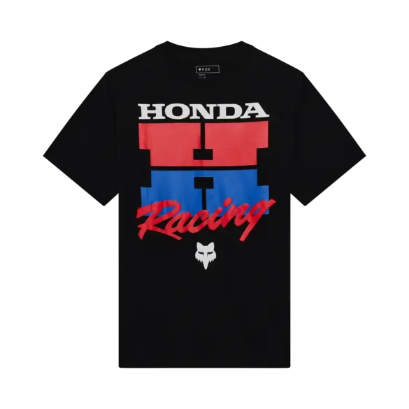 Schwarzes Honda Oversized T‑Shirt mit rotem und blauem Grafikdruck und weißem Racing-Schriftzug vorne.