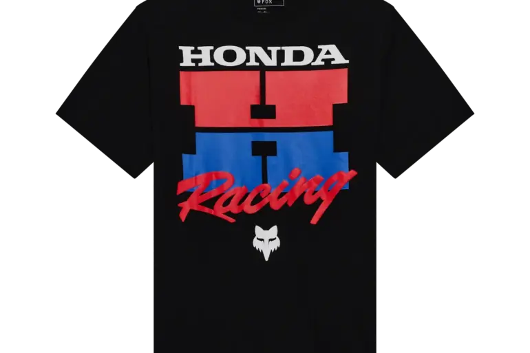 Schwarzes Honda Oversized T‑Shirt mit rotem und blauem Grafikdruck und weißem Racing-Schriftzug vorne.