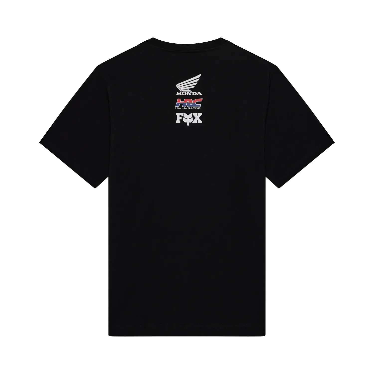 Rückseite eines schwarzen Honda Oversized T-Shirts mit markanten Logos von Honda, HRC und Fox Racing im oberen Rückenbereich.