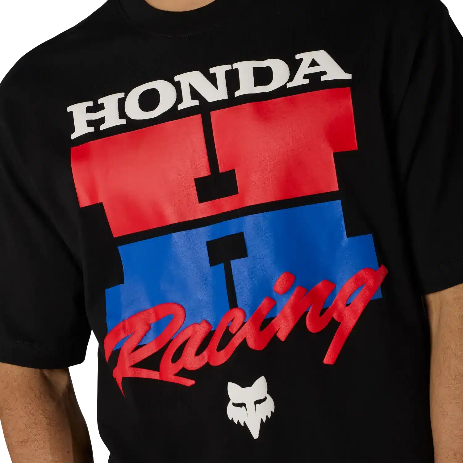 Vorderansicht eines schwarzen Honda Oversized T-Shirts mit großem Honda Racing Logo in Rot, Blau und Weiß.