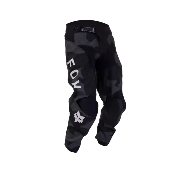 Fox 180 Bnkr Jugend Crosshose in Schwarz Camouflage mit robusten Lederbesätzen und markantem Logo.