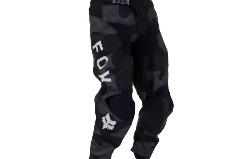 Fox 180 Bnkr Jugend Crosshose in Schwarz Camouflage mit robusten Lederbesätzen und markantem Logo.