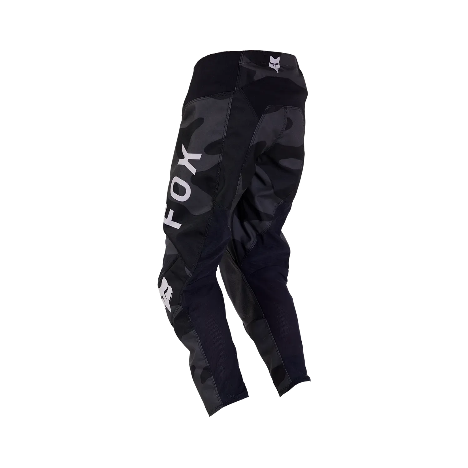 Rückansicht der Fox 180 Bnkr Kinder-Crosshose in Schwarz mit Tarnmusterdetails und charakteristischen Fox-Logos.