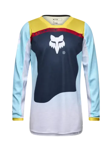 Fox Jugend 180 Elevated Trikot mit langen Ärmeln in Hellblau, Gelb und Dunkelblau, Vorderansicht