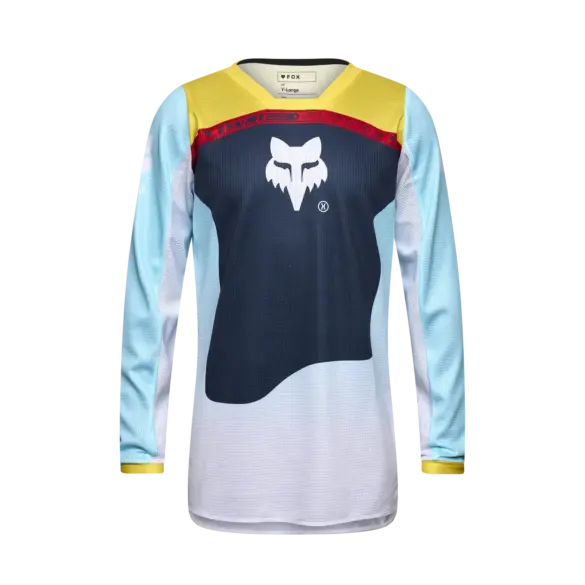 Fox Jugend 180 Elevated Trikot mit langen Ärmeln in Hellblau, Gelb und Dunkelblau, Vorderansicht