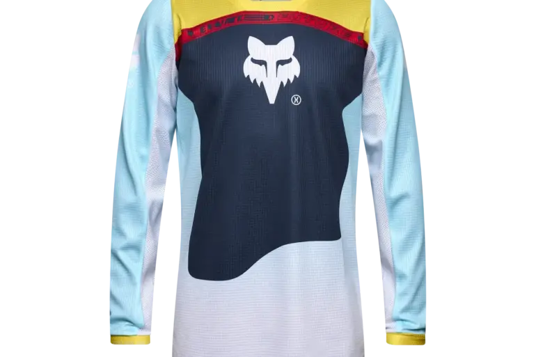 Fox Jugend 180 Elevated Trikot mit langen Ärmeln in Hellblau, Gelb und Dunkelblau, Vorderansicht