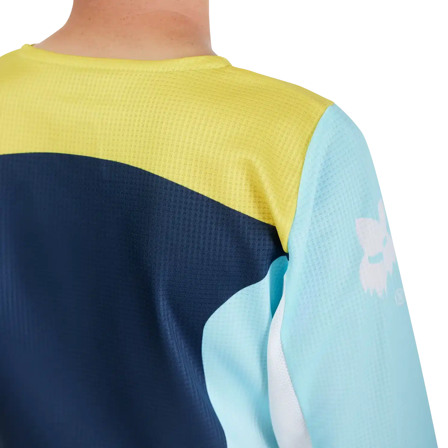 Detailfoto vom Rückenbereich des Jugend 180 Elevated Trikots mit gelben, blauen und hellblauen Mesh-Partien