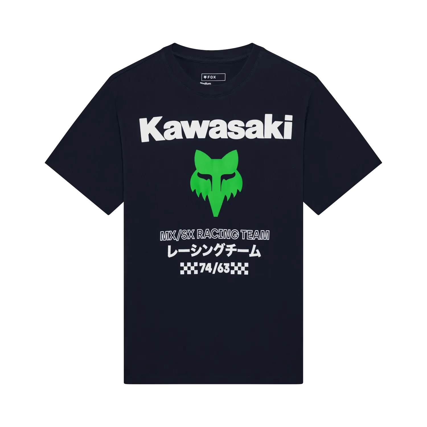 Schwarzes Kawasaki Oversized T-Shirt mit grünem Fox-Logo und weißem Aufdruck vorne