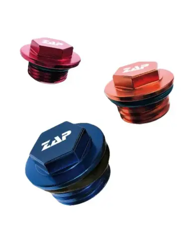 Drei Öleinfüllschrauben von ZAP in Rot, Orange und Blau auf weißem Hintergrund