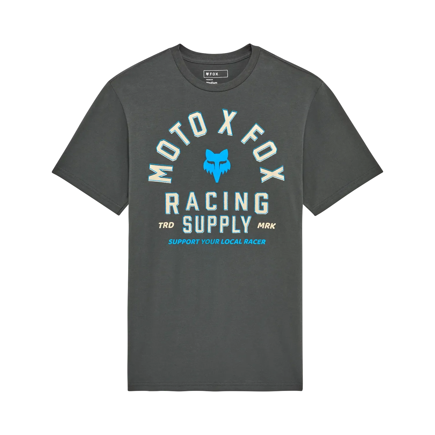 Fox Local Racer Premium Tee in Dunkelgrau mit blauem Moto-X-Print und Fox-Logo