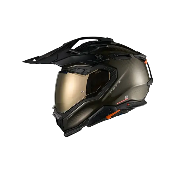 Seitenansicht des NEXX X.WED3 Adventure-Motorradhelms aus Carbon mit Visier und Peak.