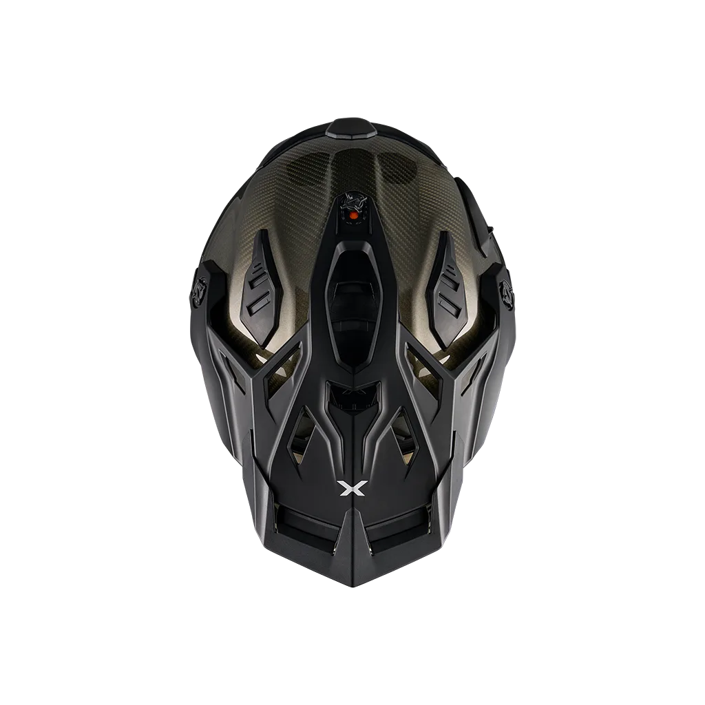 X.WED3 Adventure-Fullface-Helm aus X-PRO Carbon, von oben fotografiert, mit schwarzer Belüftung und Carbon-Oberfläche