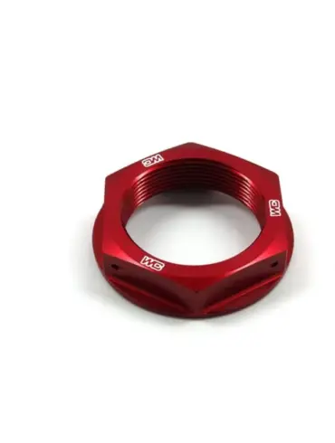 Rote CNC-gefertigte Steuerkopfmutter aus Aluminium mit gravierten WC-Logos und Bohrungen für Sicherungsdraht