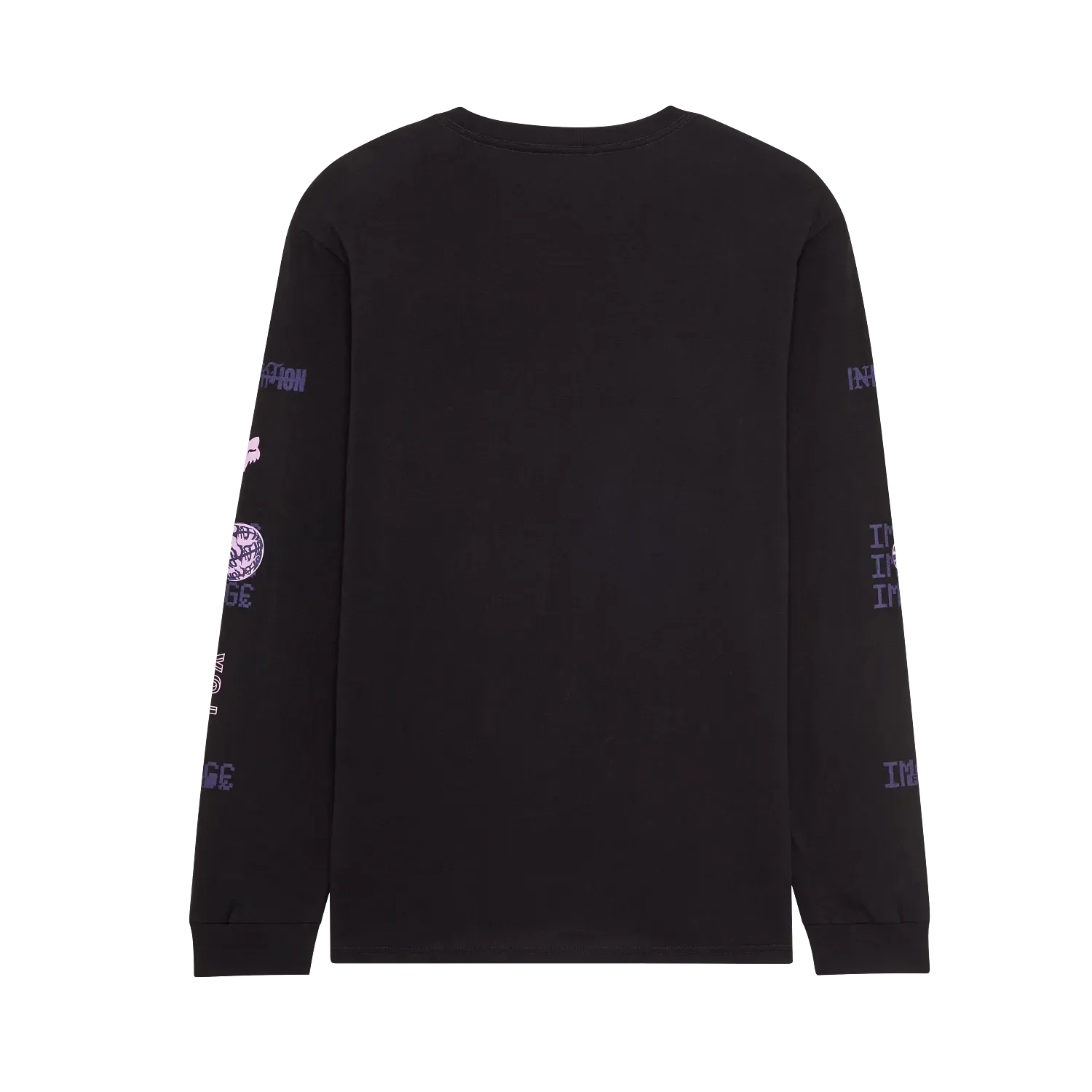 Schwarzes Longsleeve-Shirt von hinten mit grafischen Elementen an den Ärmeln.