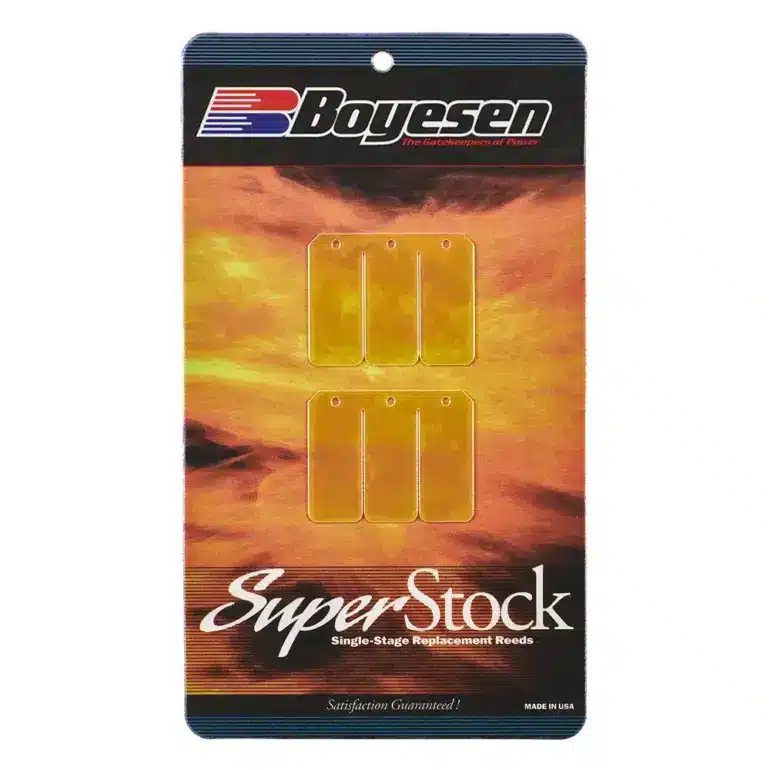 Boyesen Superstock Reed Fiber Moto Tass VF3 Ersatz-Membranen in der Herstellerverpackung, geeignet für 2-Takt-Motorradmotoren.